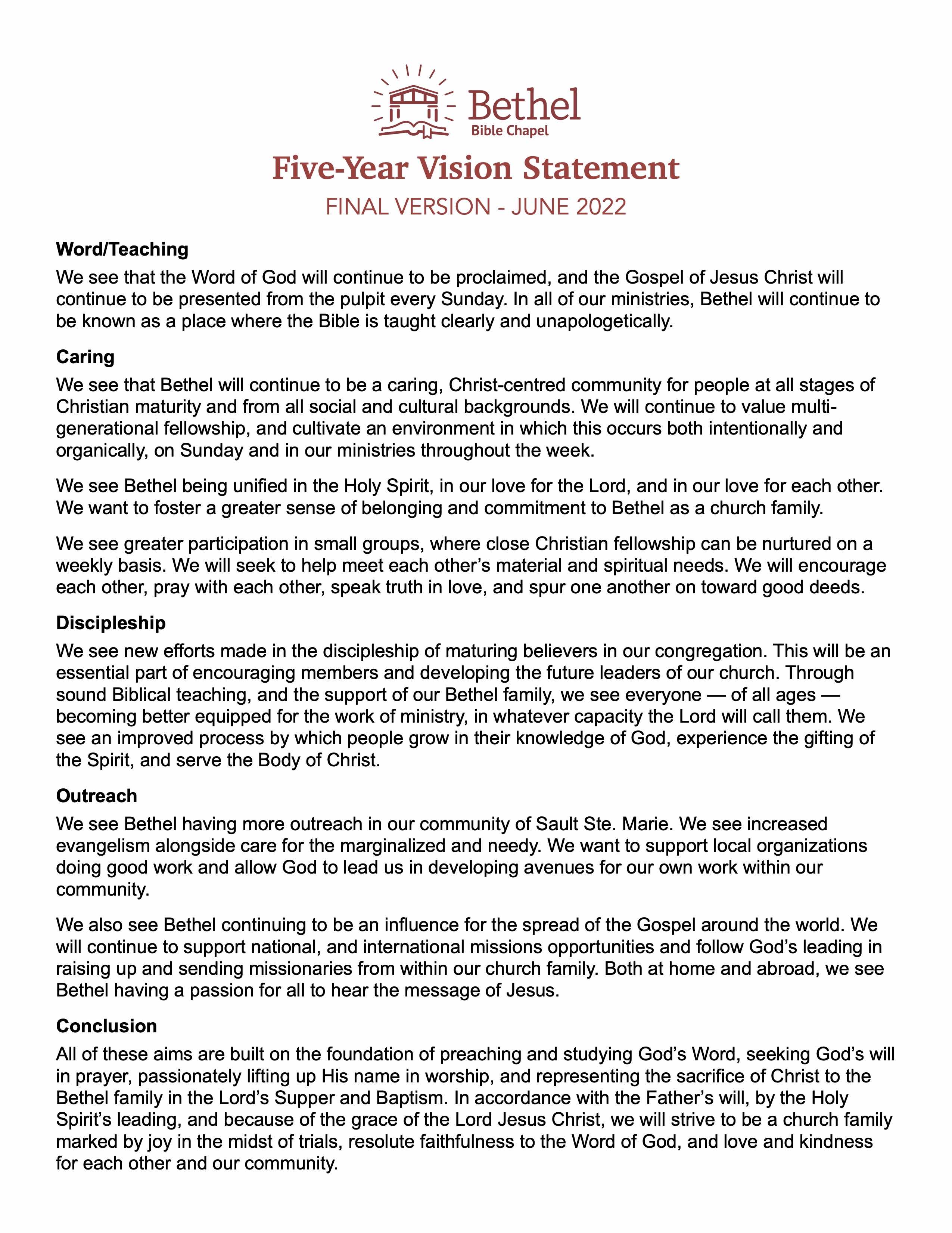 Bethel Five-Year Vision Statement